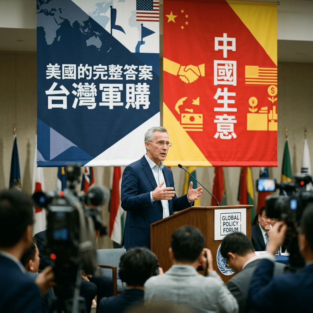 Man speaking at podium during Global Policy Forum with banners about US-Taiwan military purchases and China business