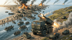 Animated HIMARS vehicle with a confident face chasing retreating soldiers and tanks near a Russia sign