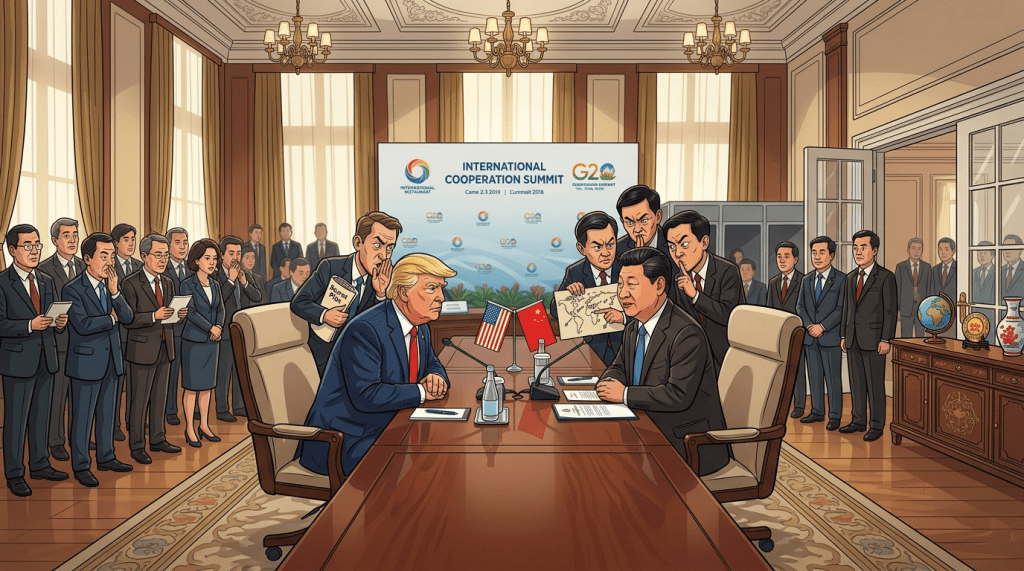 Donald Trump and Xi Jinping seated at a conference table with US and China flags at G20 summit
