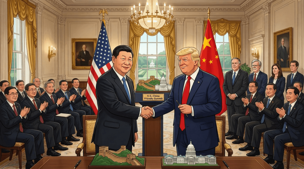Two men in suits shaking hands with US and China flags behind them under a banner reading cooperation for a shared future