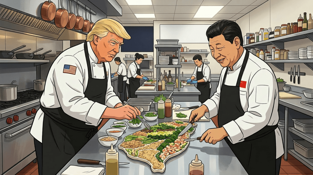 Joe Biden and Xi Jinping dressed as chefs preparing a large plate of food in a professional kitchen during a cooking symposium.