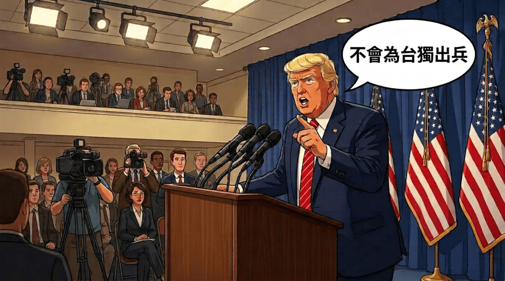 Politician speaking at podium with 'Warning on Taiwan Independence' sign and American flags