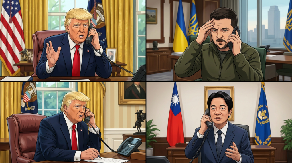 Donald Trump in the Oval Office and Volodymyr Zelenskyy in an office room each talking on a phone during a split-screen call