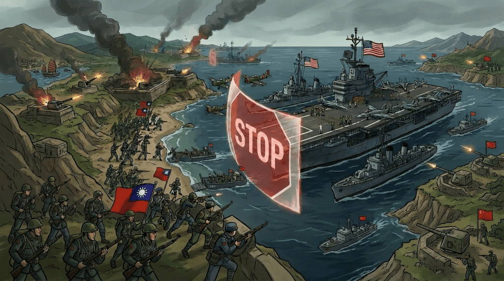 Taiwanese soldiers firing and advancing on a coast with a stop barrier blocking US navy ships and planes