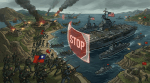 Taiwanese soldiers firing and advancing on a coast with a stop barrier blocking US navy ships and planes