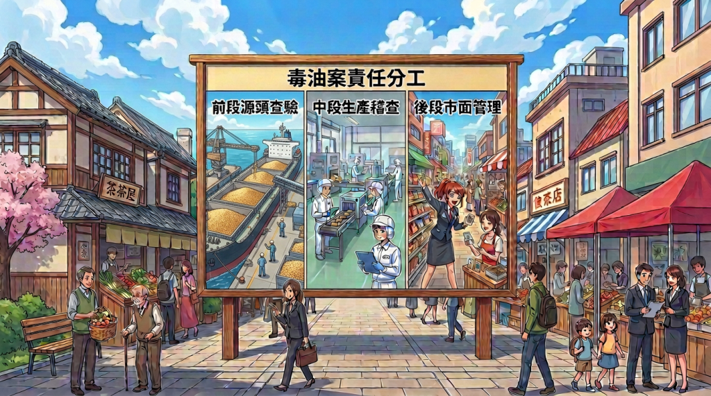 動前三看板：食安守護；前段源頭查驗、中段生產稽查、後段市面管理；來源管理、製程控制、流通抽驗。