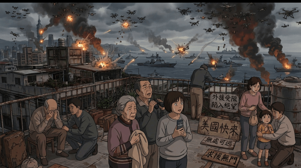 Three residents watch naval ships offshore; sign reads “外援受阻 陷入絕望.”