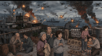 Three residents watch naval ships offshore; sign reads “外援受阻 陷入絕望.”